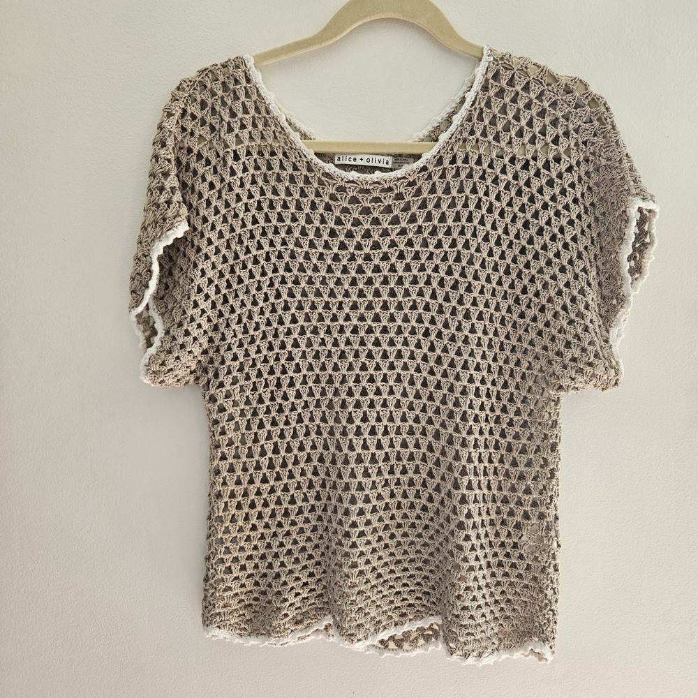 Alice + Olivia Chunky Knit Top Linen XS Boho Crochet Cottagecore Beach Scalloped